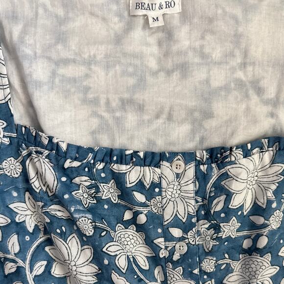 Beau & Ro Blue Folk Floral Button Front Floral Midi Dress Pockets Size Medium‎ - Picture 8 of 10
